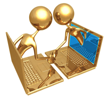 Two juxtaposed gold laptops with one gold avatar emerging from each screen shaking hands. Two juxtaposed gold laptops with one gold avatar emerging from each screen shaking hands.